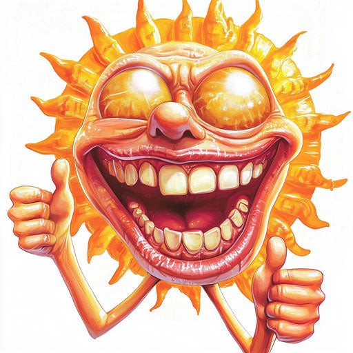 Humorous caricature of a mental health clipart with human characteristics, exaggerated full lips, with toes feet, next to a smiling sun, vibrant colors, cartoon style, thumbs up, high-res, no background, isolated
