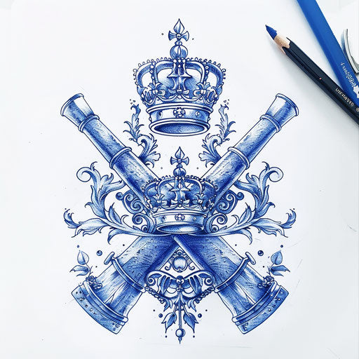 Drawing of a navy tattoo with a pair of crossed cannons under a crown, in a heraldic style with royal blue accents on a white background.