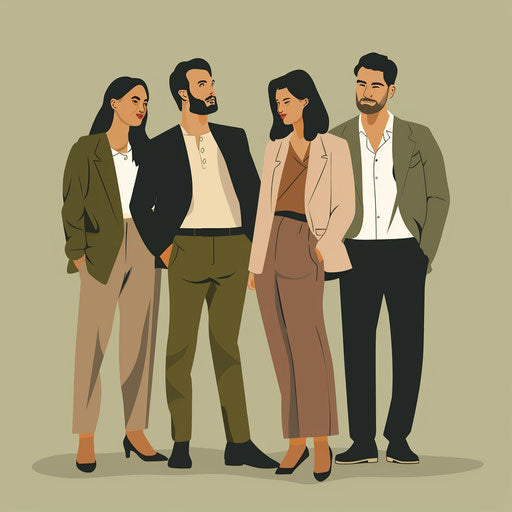 Illustration of a team on a flat, muted olive background