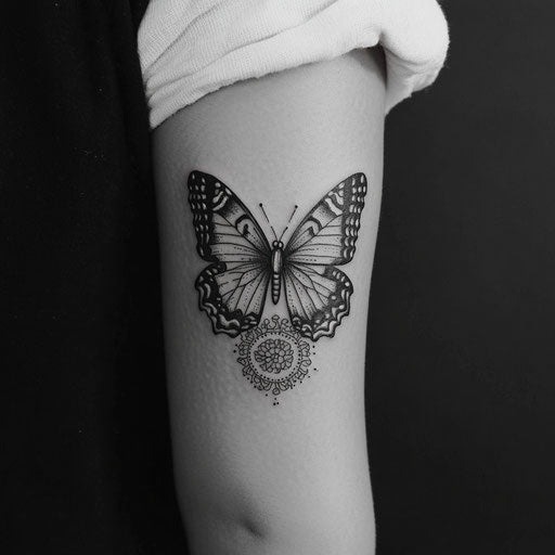 Butterfly tattoo on arm with mandala elements, Maria Sibylla Merian style