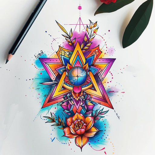 Fantasy-themed tattoo sketch of a David symbol with whimsical elements and vibrant colors