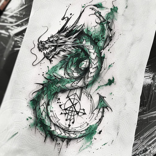 Rune with fierce dragon in greens and blacks