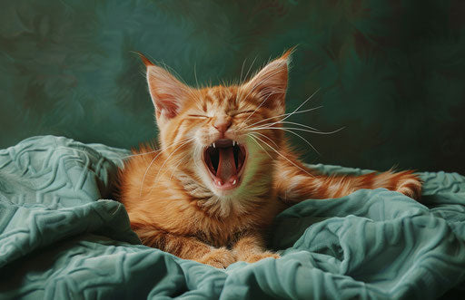 Orange kitten yawning on towel on green bed