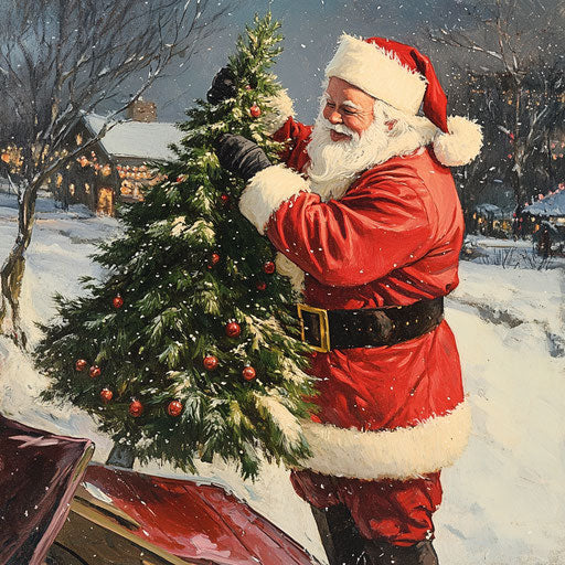 Santa Claus tying a fresh-cut Christmas tree to the top of a sleigh