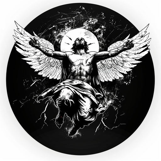 Contrasting black and white clipart style flat tattoo sketch of the Ascension, ethereal and uplifting
