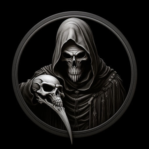 Black and white illustration of a grim shivering man with a scythe