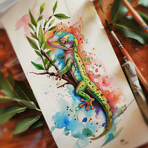 Elegant flat tattoo sketch with watercolor effects of a gecko on a leafy branch