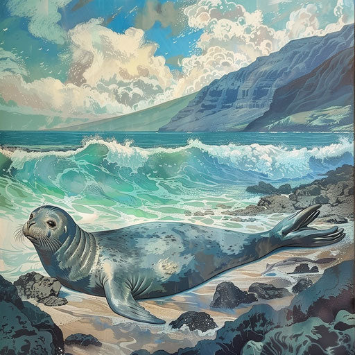 Hawaiian monk seal lounging on rocky shoreline