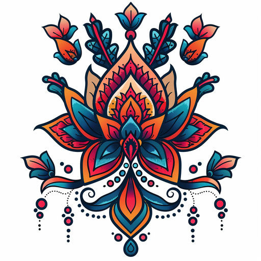 Vibrant tattoo sketch of a Mehndi design in clipart style with bold, flat colors