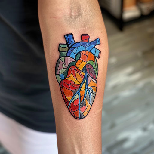 Anatomical heart tattoo in stained glass style, colorful and segmented