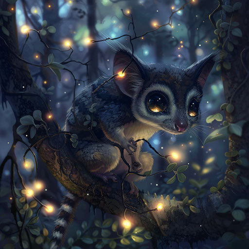 A mystical flying squirrel casting spells in an enchanted forest