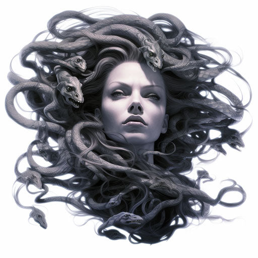 Medusa woman's head with serpents in black and white