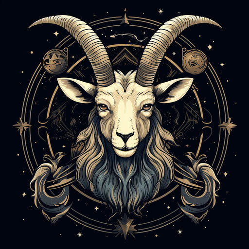 Hand-drawn goat head with stars in witchy academia style