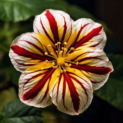 Yellow and brown striped flower with leaves, red and white style