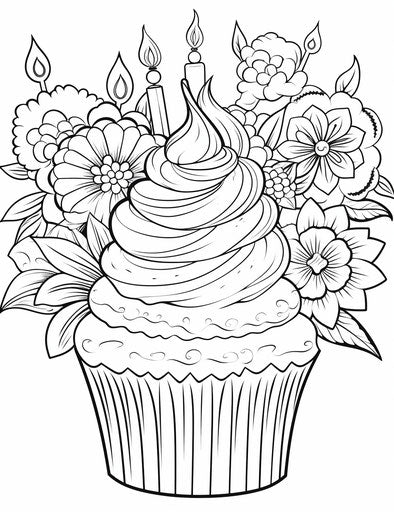Cupcake coloring page with happy birthday and images on background