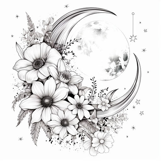 Moon, Flower and Stars Coloring Page in Black and White