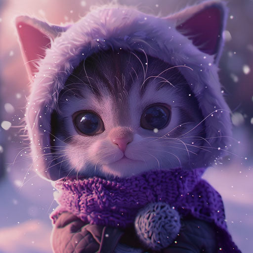 Light violet and dark magenta snow scene cute baby kitten cartoon