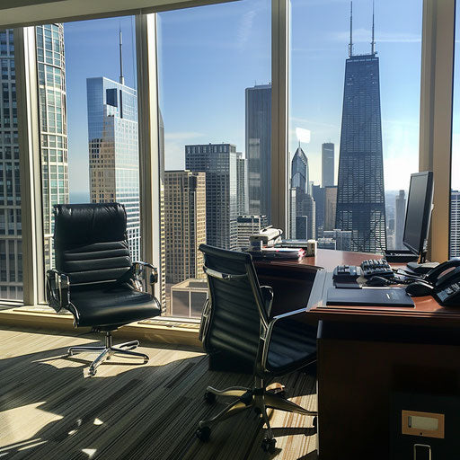 Investment banker office with city skyline views