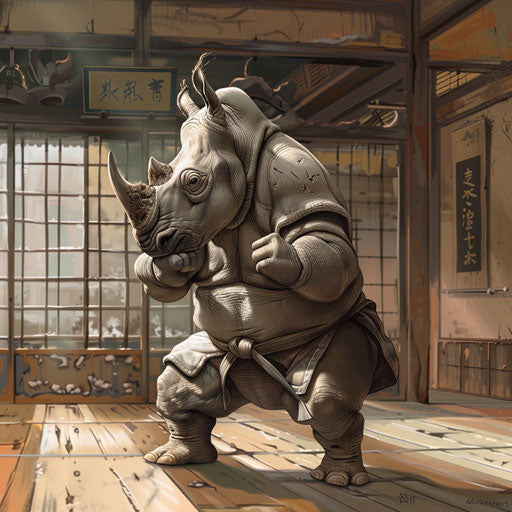 A rhino practicing martial arts in a tranquil dojo