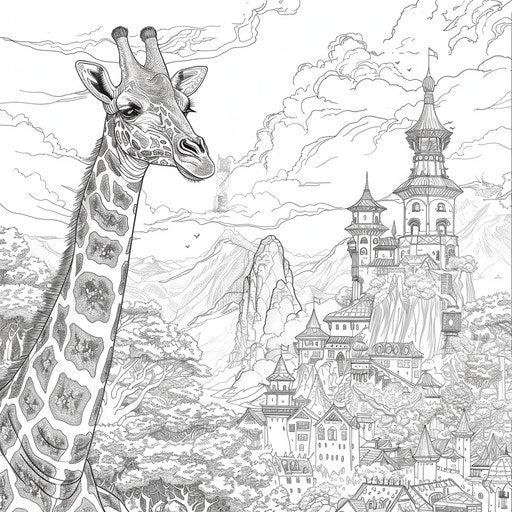 Epic fantasy giraffe in a mythical landscape