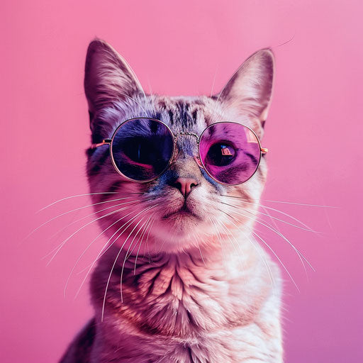 Cat in sunglasses on pink background, light purple and maroon style