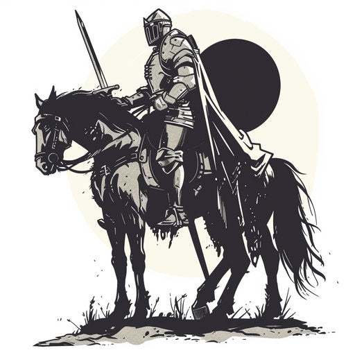 Knight in armor on horseback in a medieval flat tattoo style