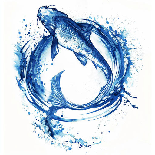 Fish (Ichthys) symbol with water ripple effect, blue and white tattoo design on white background