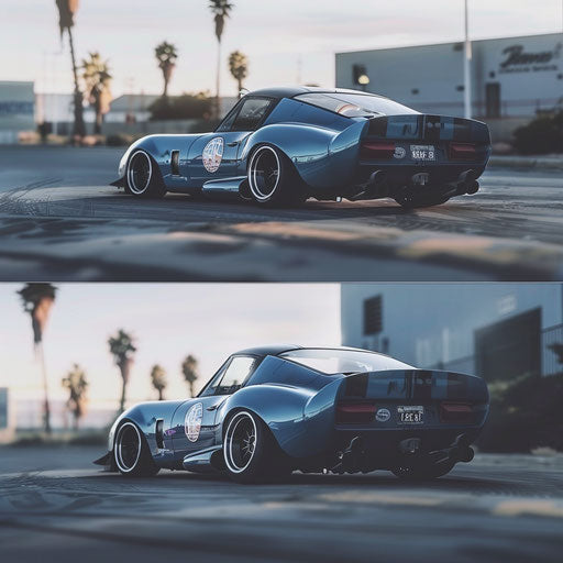 Shelby Daytona tuned for drifting with wide tires and a custom spoiler, sliding around an urban drift course