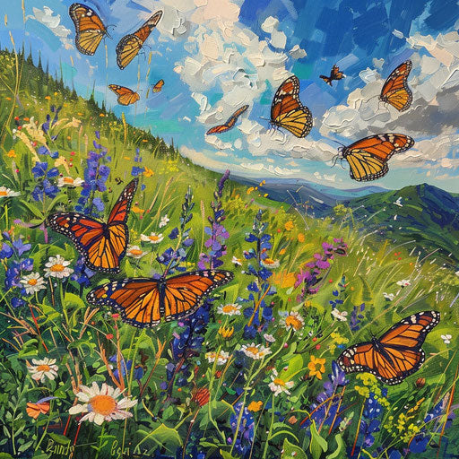 Monarch butterflies foraging on wildflowers in a mountain