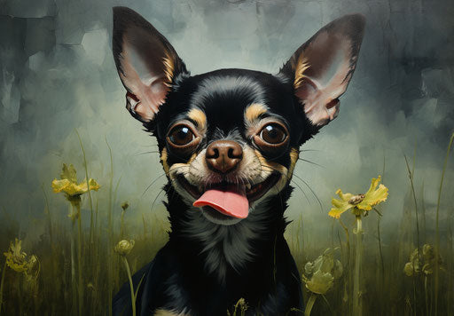 Chihuahua on grass field in dark black and gold style, textures