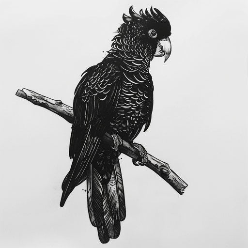 Yellow-tailed black cockatoo on a branch, minimalist ink
