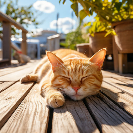 Ginger cat lying on a dock