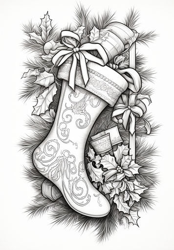 Christmas stocking coloring page, ink-washed style