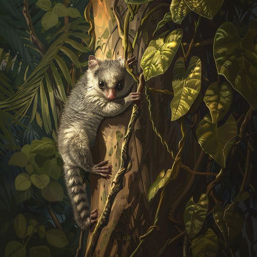 Possum climbing a vine-covered tree in a tropical forest
