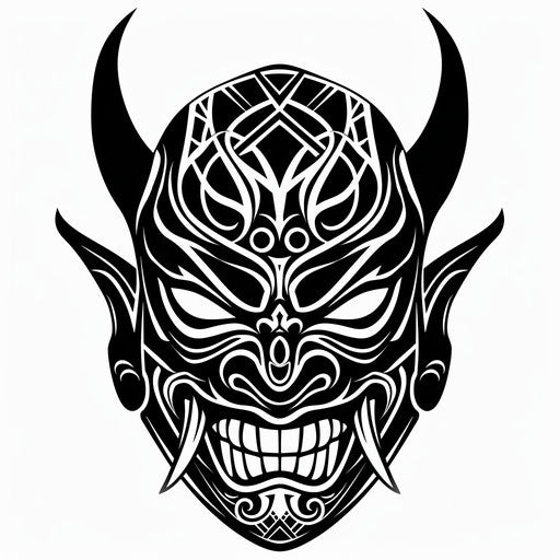 Tribal-style oni mask with bold black lines and patterns