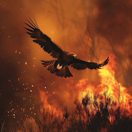 Wedge-tailed eagle soaring above fiery landscape, symbol of resilience