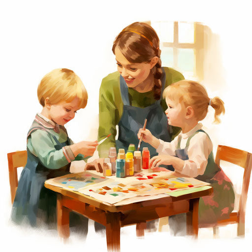 Daycare illustration in the style of Oil painting, on white background