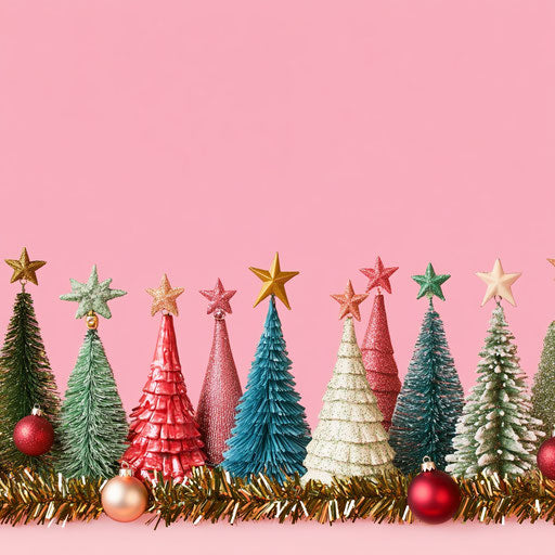 A border of Christmas trees decorated with ornaments