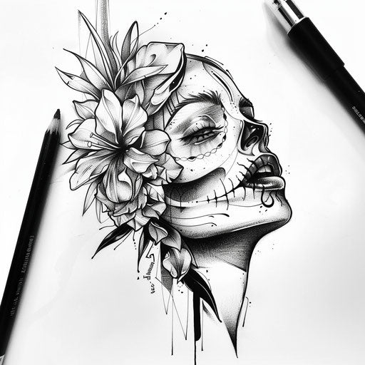 Modern flat tattoo sketch for 13 tattoo with 3D illusion effects in grayscale