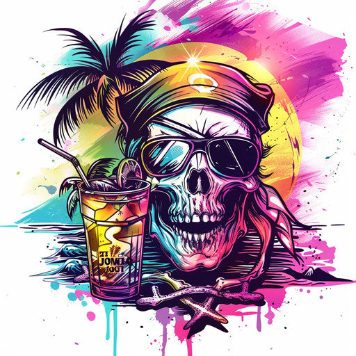 A joyful tattoo sketch of the Jolly Roger at a beach party