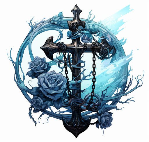 Anchors and roses with anchor and cross on white background