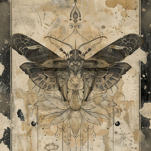 Insect with lotus in abstract ink art