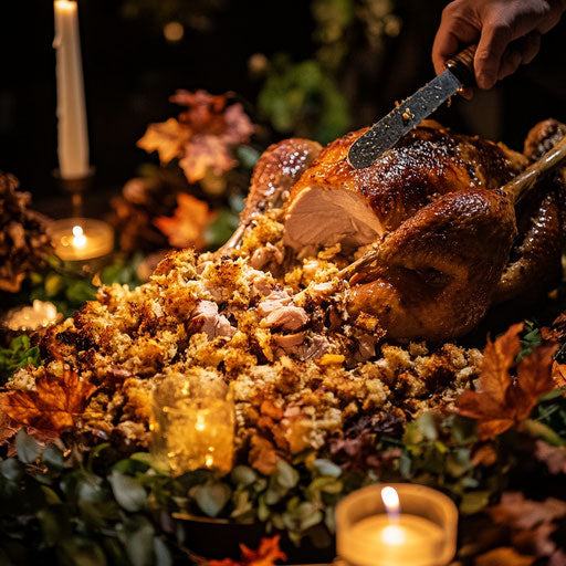 Festive Thanksgiving with Turkey Stuffing and Fall Leaves