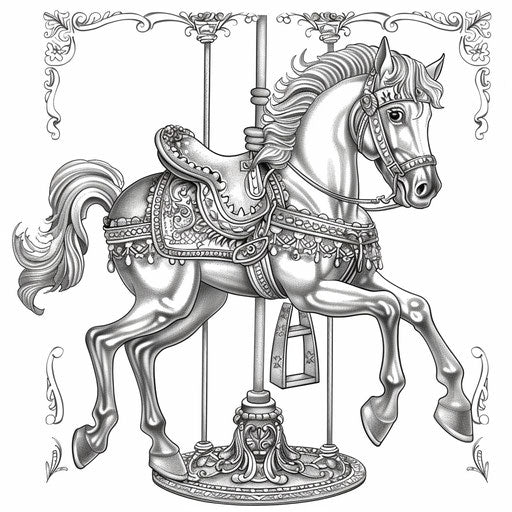 Whimsical carousel horse with ornate details. Coloring page