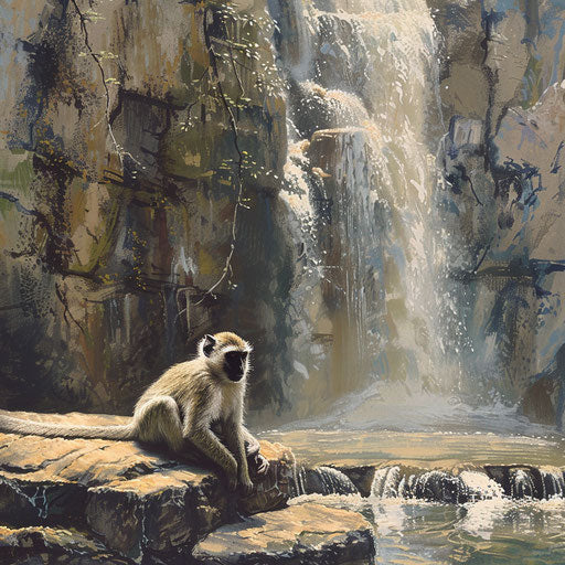 Vervet monkey lounging by waterfall in the sun
