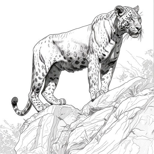 Black panther on rocky cliff, coloring page