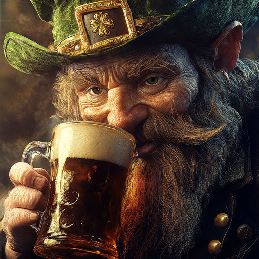 An old leprechaun drinking beer in vintage style