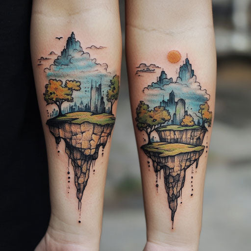 Inner arm tattoos of surreal landscape with floating islands