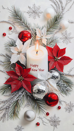 Christmas candle surrounded by poinsettias and red/silver ornaments