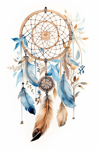 Dreamcatcher with feathers and birds, watercolor style